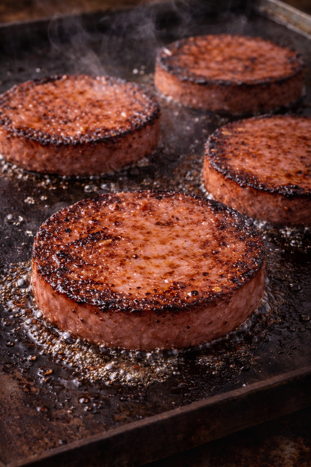 Thick bologna sizzling on a griddle