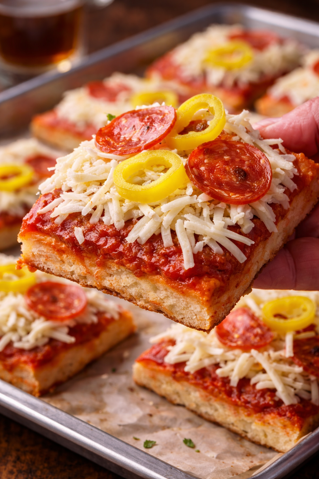 Close up of cold cheese on hot slice