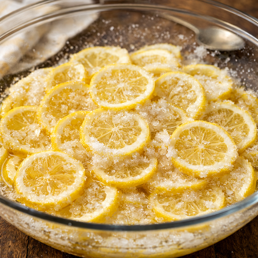 Sliced lemons macerating in sugar