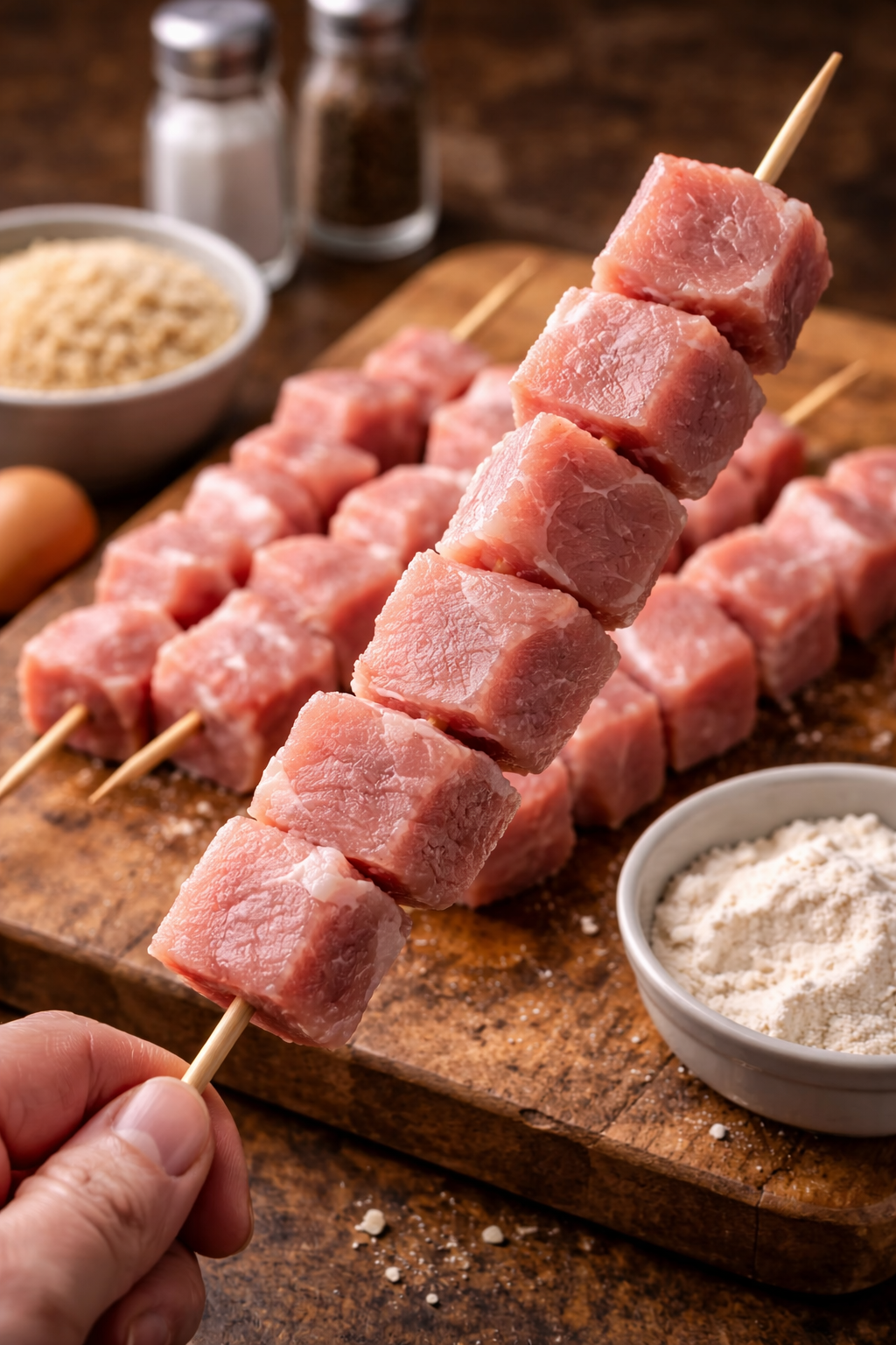 Raw pork cubes threaded on wooden skewers