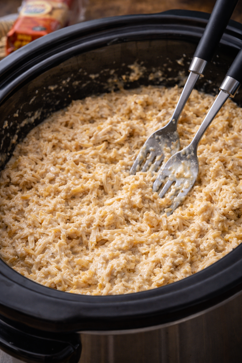 Slow cooker full of shredded chicken